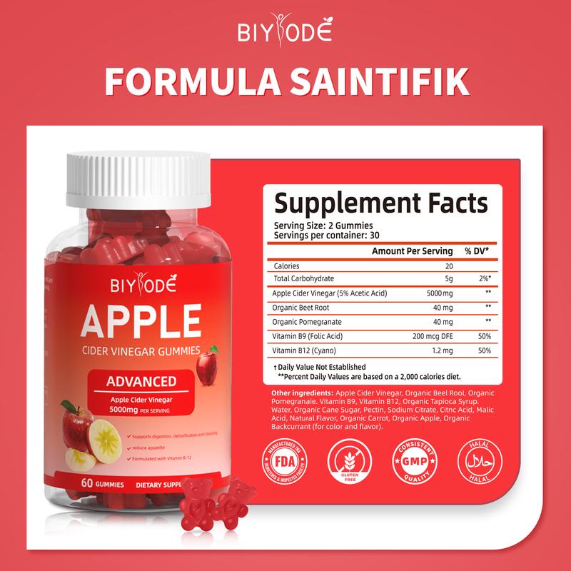 BIYODE® ACV+ Gummies – Cuka Epal 5000mg + Vitamin B9 & B12 (60 Biji)